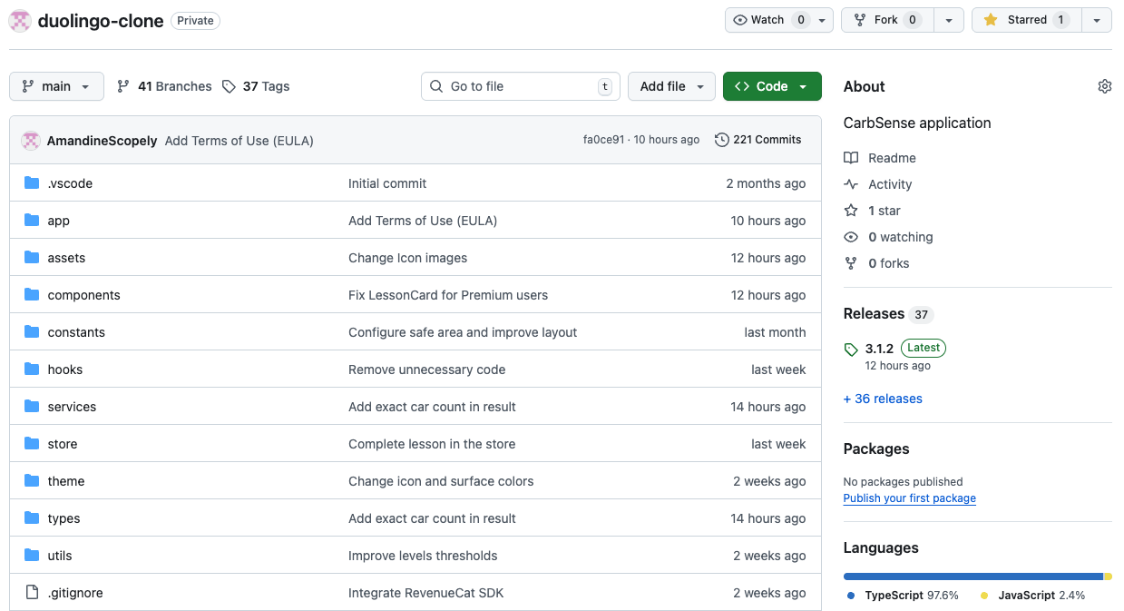 Screenshot taking from the home page of my Github repository showing 221 commits and 37 releases
