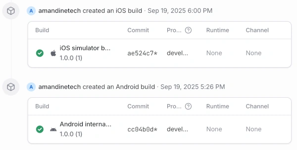 Screenshot of the first EAS builds, Android and iOS, on Sep 19